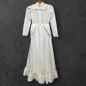 Handmade Edwardian Inspired Dress Lace Floral Accents Long Sleeve Apron White